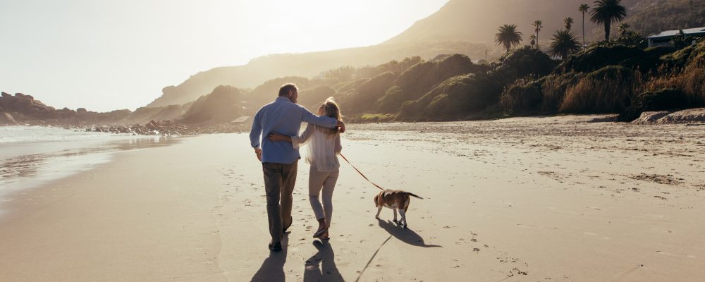 Mature,Couple,Strolling,Along,The,Beach,With,Their,Dog.,Rear Mature,Couple,Strolling,Along,The,Beach,With,Their,Dog.,Rear