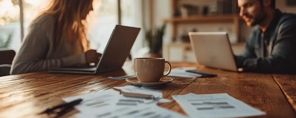 Blurred couple works on laptops at wooden table. Illustrates remote work, collaboration, or shared workspace. Blurred couple works on laptops at wooden table. Illustrates remote work, collaboration, or shared workspace.